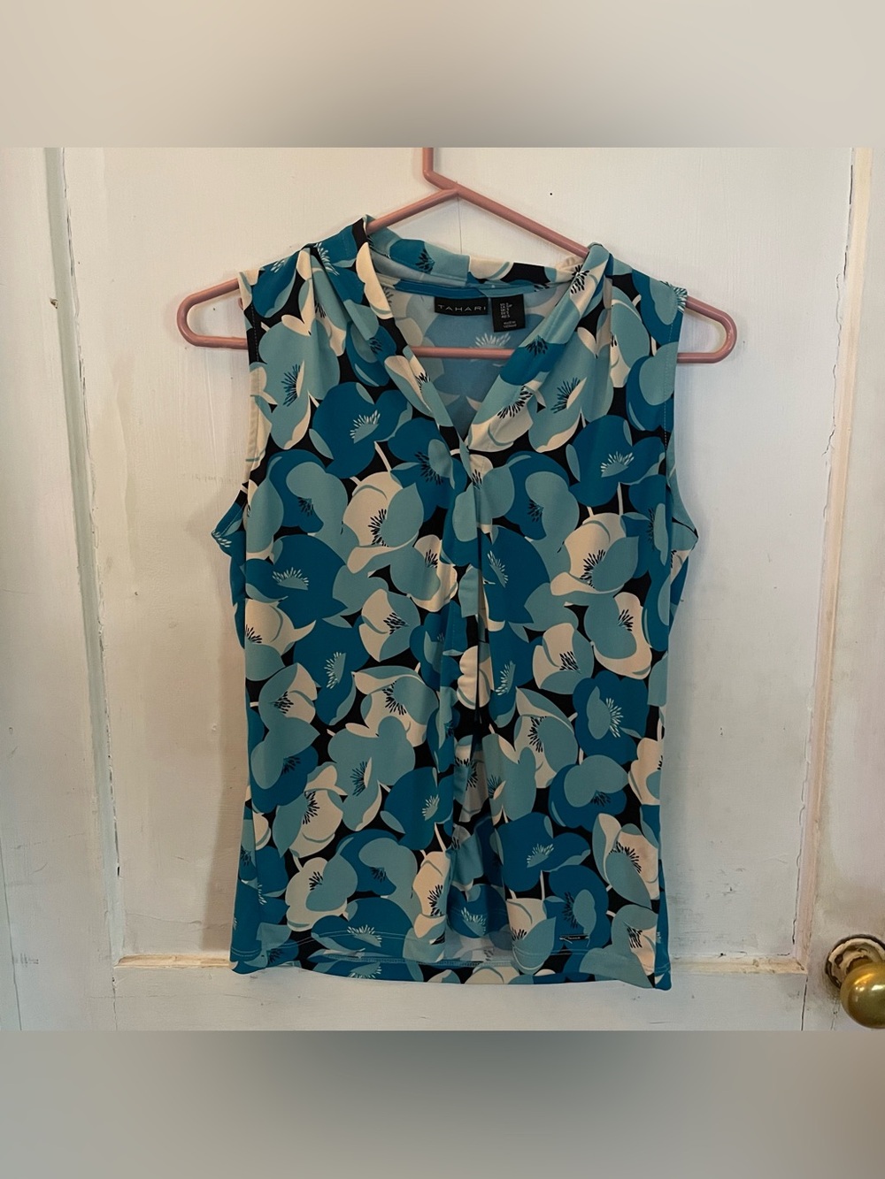 Tahari Blue, teal, black & cream floral Sleeveless Blouse